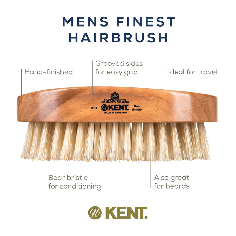 [Australia] - Kent MC4 Men's Hair and Beard Brush Kit: Exfoliating Natural Boar Bristle Hair Brush, Cherrywood Base with Firm Bristles for Coarse Hair Types - LPC3 Brush Cleaner - Premium Grooming Set MC4. 