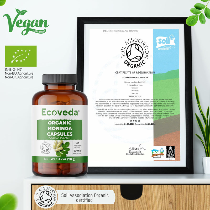 Organic Moringa Capsules, 2 Months Supply, 180 Moringa Powder Organic Capsules, 1500mg High Strength Moringa Supplement and Soil Association Certified, Vegan & Non-GMO (Not Moringa Tablets)