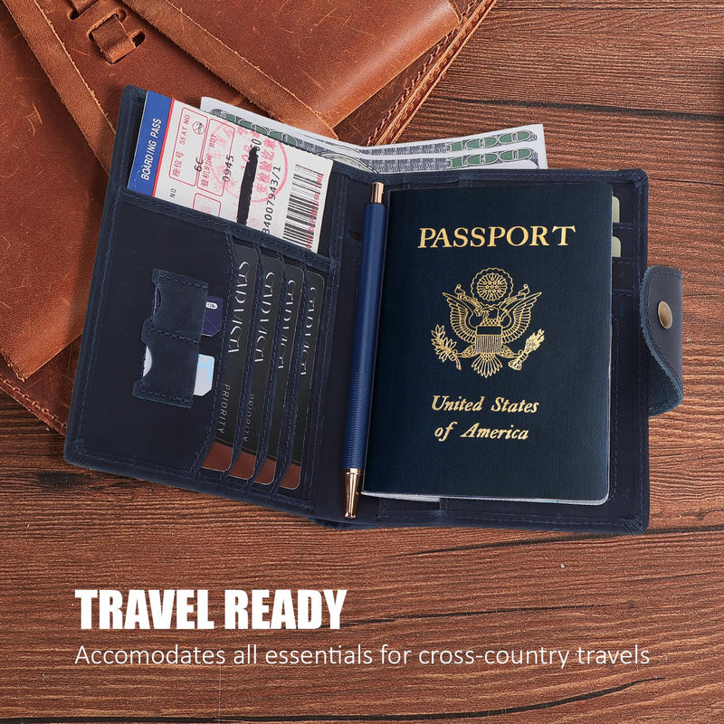STAR VISTA Carmen Leather Passport Wallet, Dual Bifold Cash Pockets, RFID Blocking, ID Window, 6 Card Slots, Coin Pocket, SIM Slots, AirTag Slots, Navy Blue