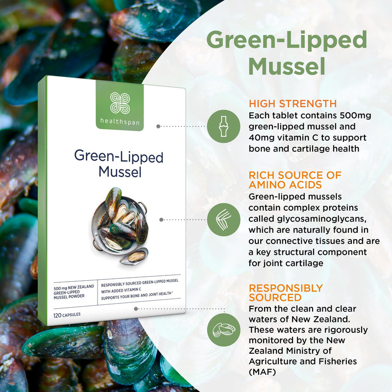 Healthspan Green Lipped Mussel (120 Capsules) | for Bone & Cartilage Support | Added Vitamin C | 500mg Responsibly Sourced New Zealand Green Lipped Mussel Powder