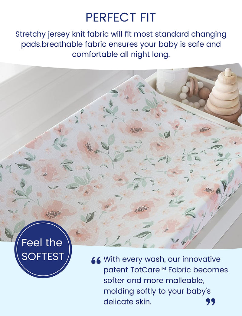 [Australia] - TotAha Premium Stretchy Changing Pad Covers (2-Pack) Hypoallergenic, Silky Comfort, Buttery Soft, Calming Effect, All-Season Jersey-Knit 5'' Deep Pocket(Meredith Allover Floral & Pale Pink Flowers) Meredith Allover Floral & Pale Pink Flowers 