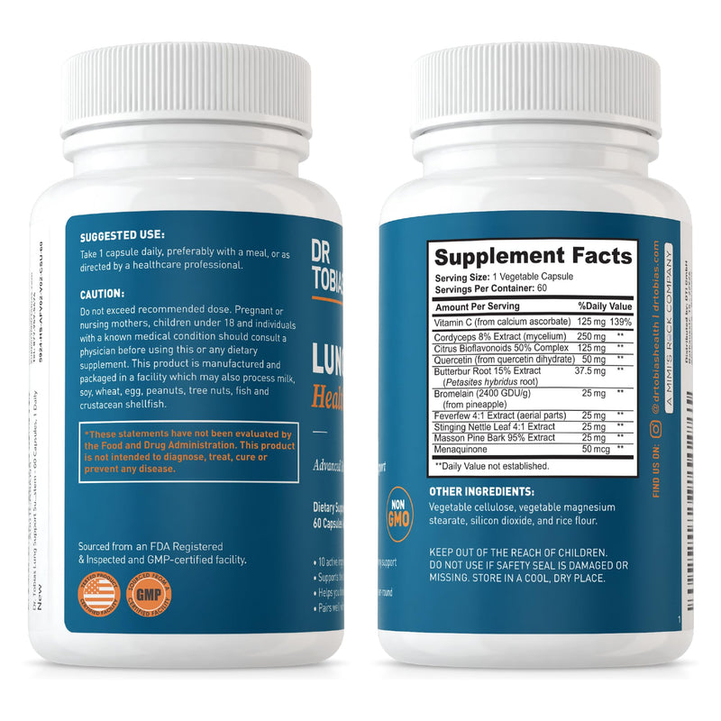 Dr. Tobias Lung Health & Psyllium Daily Supplements, Lung Cleanse & Detox Formula, Supports Healthy Bowel Movements with Psyllium Husk, Vitamin C, Butterbur, Quercetin, Daily Fiber and Lung Supplement