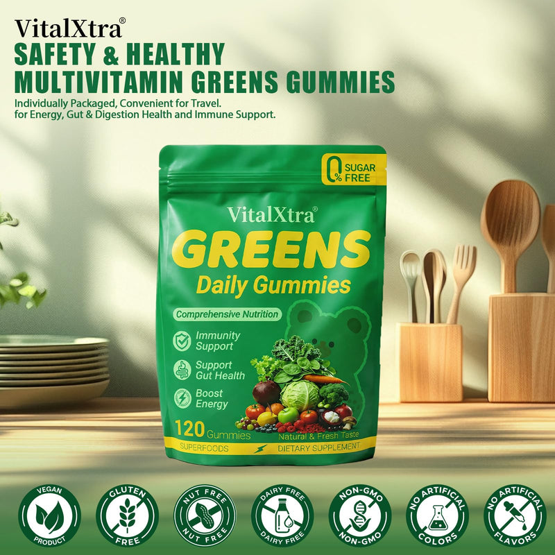 Sugar-Free Greens Gummies, Superfood Multivitamin Gummy for Adults, Greens Daily Gummies w/Spirulina, Chlorella, Adaptogens, Prebiotic Fiber & Fruit Veggie for Digestive Health, 120 Count