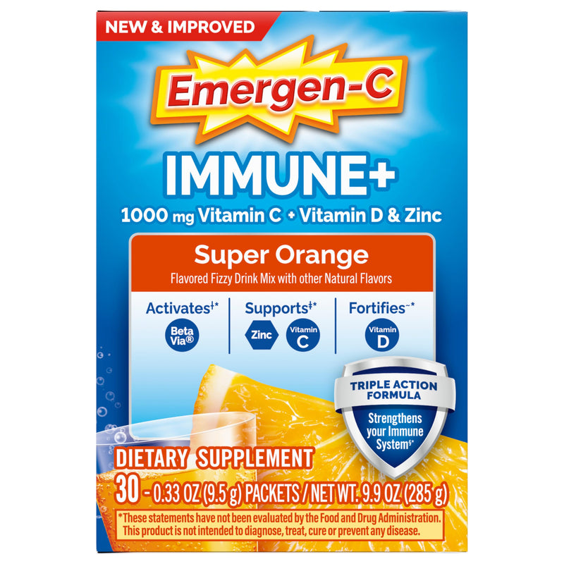 [Australia] - Emergen-C Immune+ Triple Action Immune Support Powder, BetaVia (R), 1000mg Vitamin C, B Vitamins, Vitamin D and Antioxidants, Super Orange, Back to School Essentials ‚Äì 30 Count 