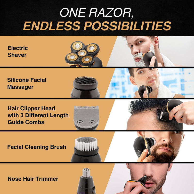 [Australia] - Asani 5 in 1 Electric Razor for Men and Women, USB Rechargeable and Waterproof Cordless Trimmer, Includes Rotating Bald Head Shaver, Nose Hair Trimmer, Beard Shaper, Silicone Brush, & Cleansing Brush 