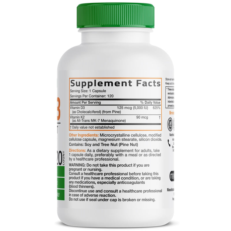Bronson Vitamin K2+D3 Vegan 2 in 1 Support Vitamin K2 As MK-7, 120 Capsules | Vegan 2-in-1 Immune, Bone & Heart Health Support Formula, Gluten Free, Non GMO 120 Count (Pack of 1)