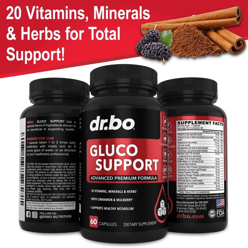 [Australia] - Gluco Support Supplement Capsules - Boost Metabolism Supplements, Vitamin Herbal Formula Pill - Ultra Balance Optimizer Vitamins, Chromium, Cinnamon, Bitter Melon Leaf, Gymnema, Vanadium - 60 Pills 