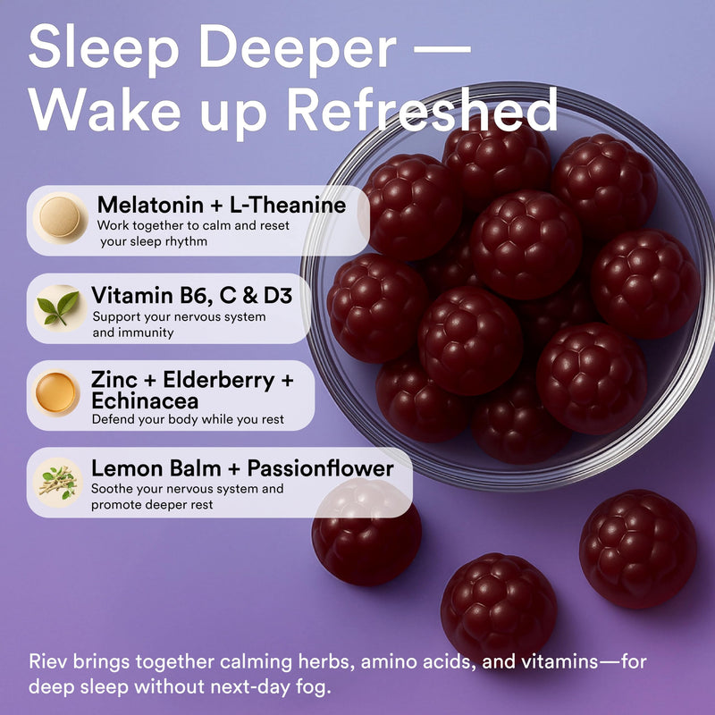 Reiv Natural Sleep Vitamin Gummies – 6mg Melatonin with L-Theanine, ZInc & Lemon Balm – Vegan, Sugar-Free, Gluten-Free – Natural Nighttime Relaxation – Mixed Berry Flavor – 30 Count