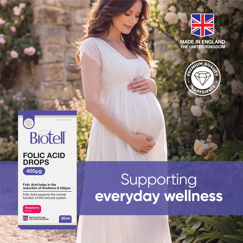 Folic Acid Drops 400µg per 1ml, Pregnancy Vitamins for Women, Concentrated Prenatal Folate Supplement, Reduces Tiredness and Fatigue, Vegan Vitamin B9 Dropper, Raspberry Flavour, UK Made 30ml