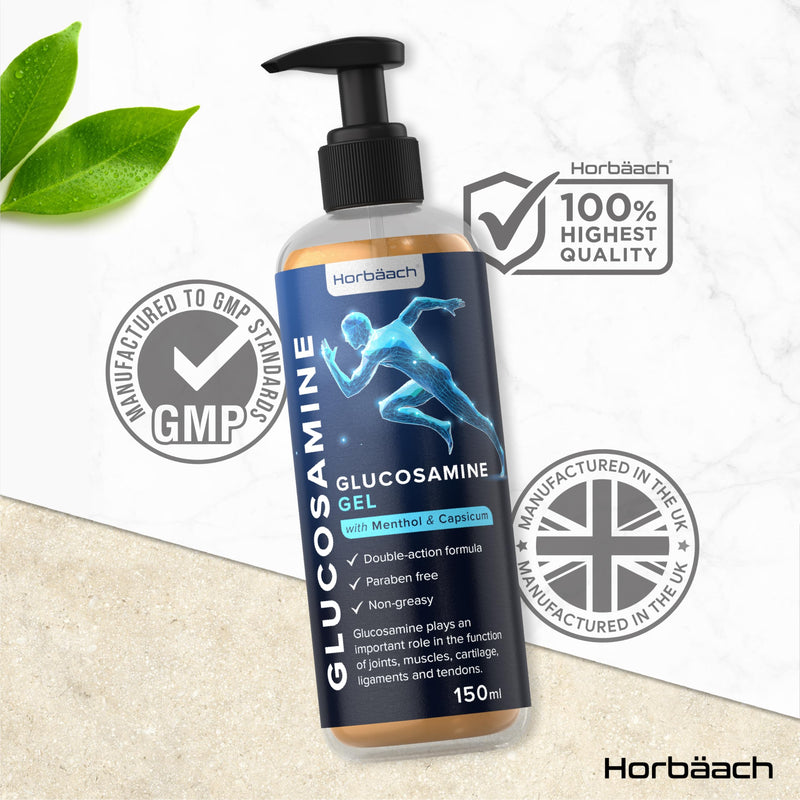 Glucosamine Gel | 150 ml | with Menthol and Capsicum | Cooling Effect | Highly Absorbable, Non-Sticky and Non-Greasy Gel | By Horbaach