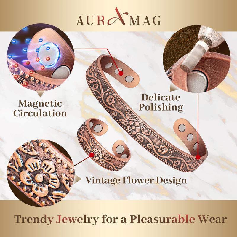 [Australia] - Copper Bracelet for Women, Magnetic Bracelets & Magnetic Rings with 3500 Gauss Magnets, 100% Solid Pure Copper Jewelry Gift Copper-Vintage Flower 