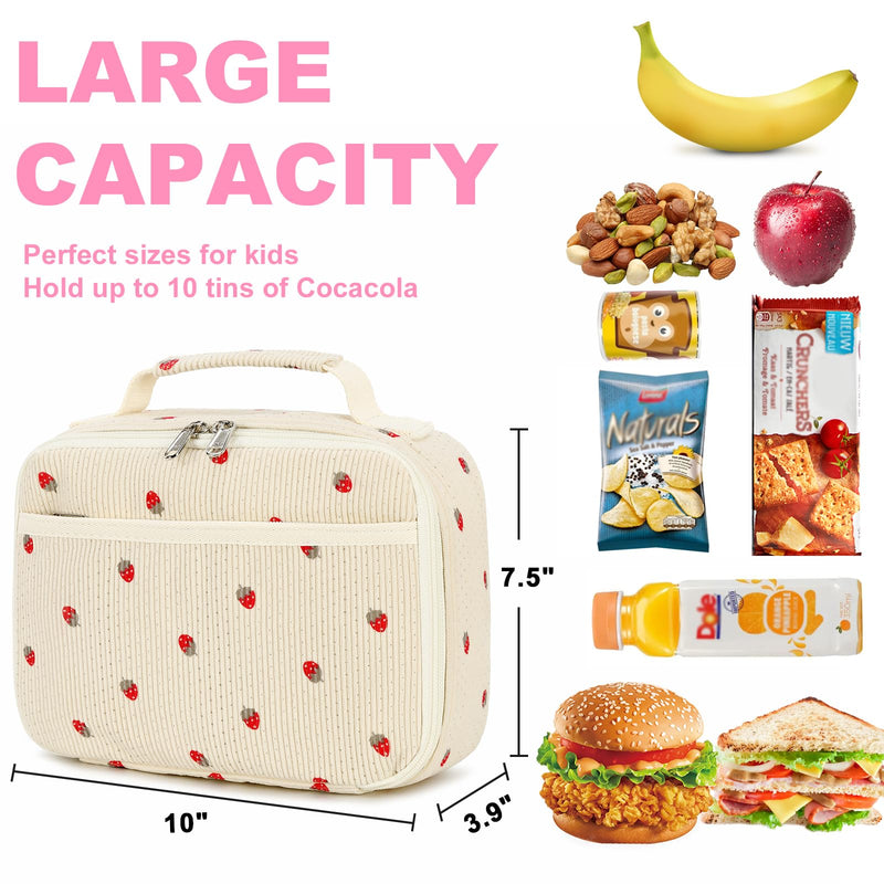 [Australia] - Bluboon Corduroy Insulated Lunch Bag for Girls - Strawberry Beige School Lunch Tote with Cooler Compartment Corduroy-strawberry 
