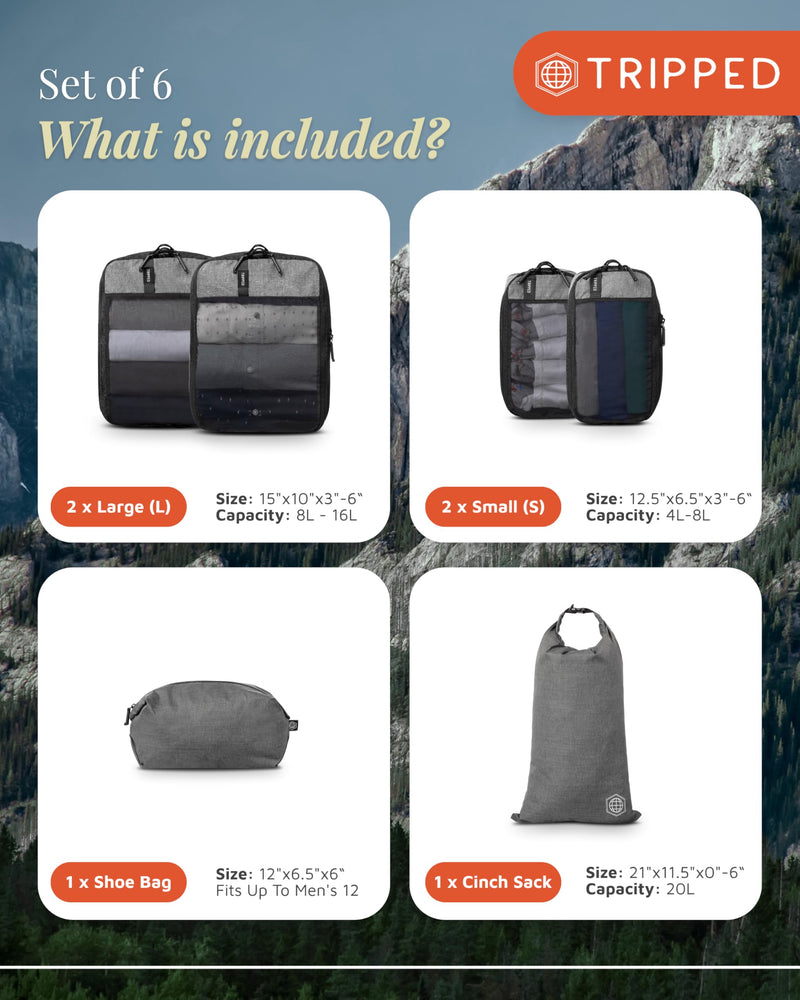 TRIPPED Travel Gear Space Saving Compression Packing Cubes 6-Piece Set | Premium Travel Organizers with Laundry and Shoe Bags for Suitcase and Carry-On Luggage, Reinforced Zippers and Mesh Panels Grey Mesh - 6 Piece