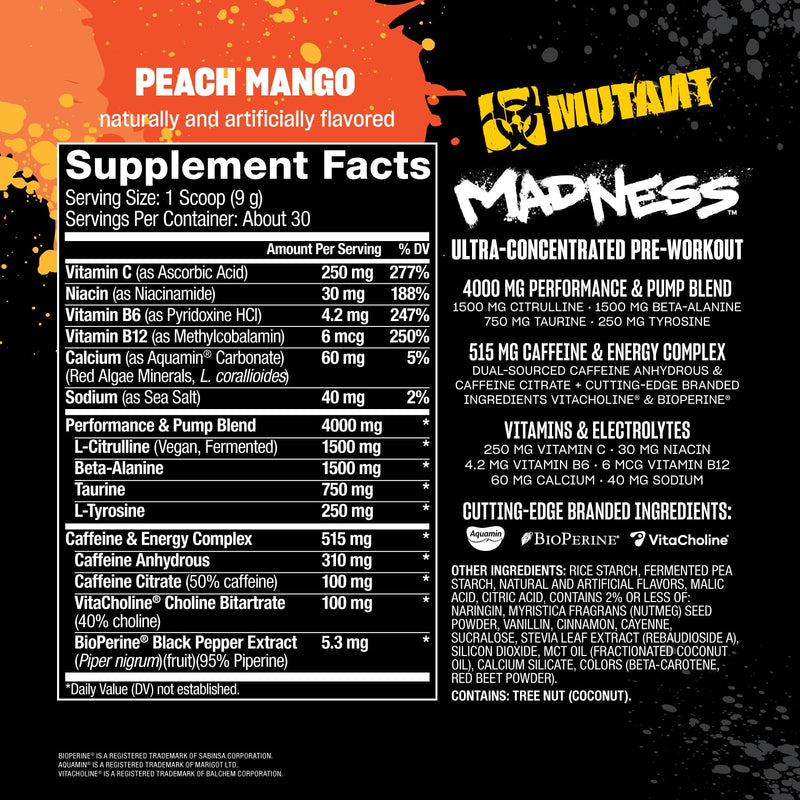 MUTANT Madness | Ultra-Concentrated Pre-Workout Supplement | 360mg Caffeine, 4g Pump & Performance Blend, Beta-Alanine, Energy & Focus | 30 Serving | Peach Mango 30 servings (225 g)
