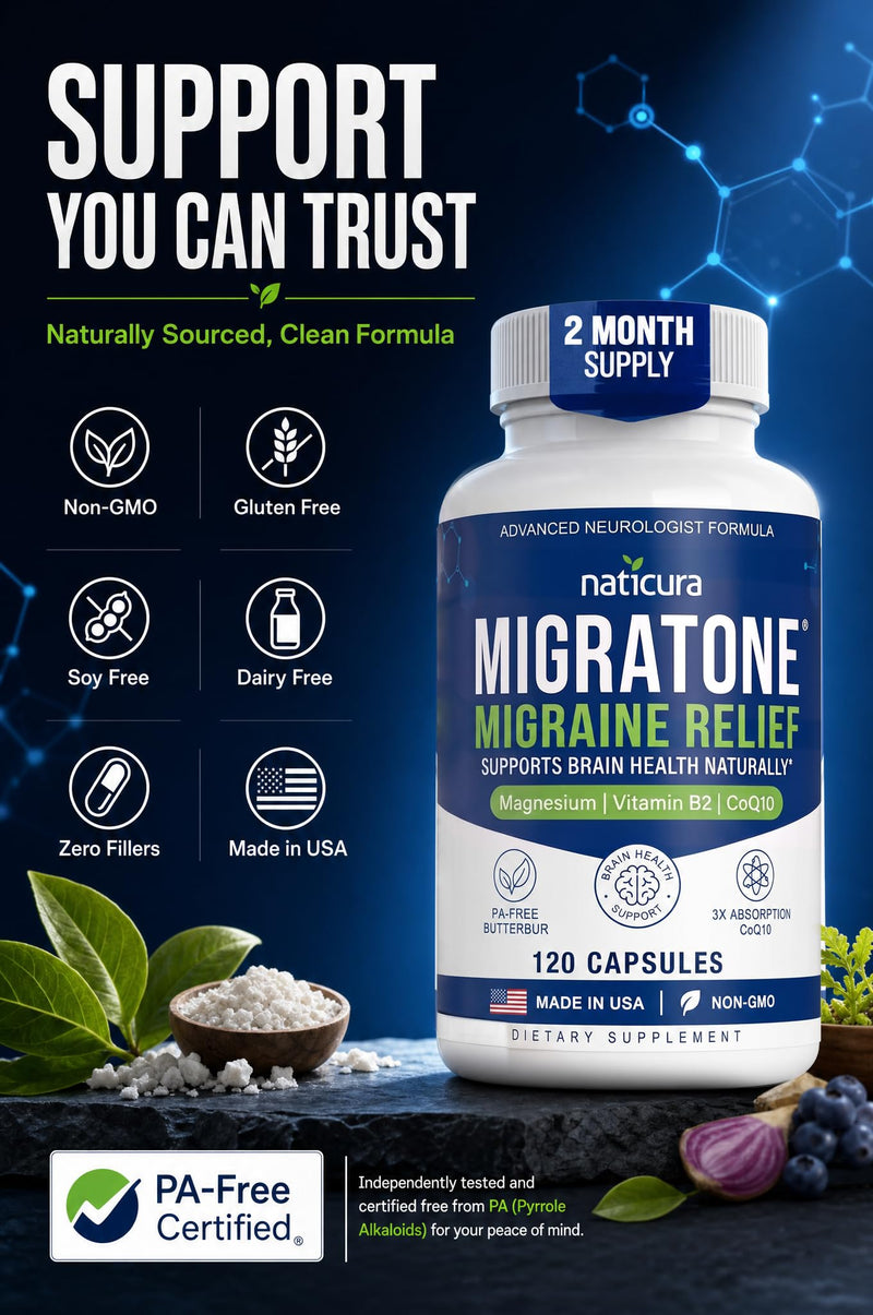 Naticura Migratone Migraine Relief with Magnesium Vitamin B2 Coq10 120 Caps | Magnesium Citrate, Riboflavin B2, B6, B12 & Feverfew for Daily Migraine Support, Brain Health, Vegan, Non-GMO, Made in USA 120 Count (Pack of 1)