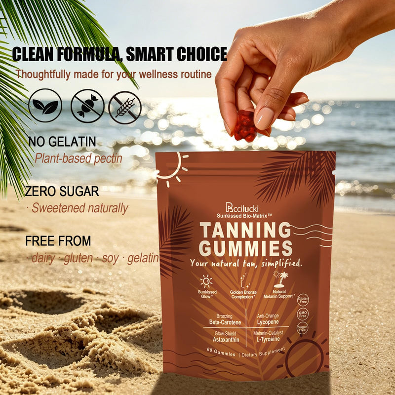 Tanning Gummies with 100.2mg L-Tyrosine and Astaxanthin, Tanning Supplement with Beta Carotene and Lycopene, Vegan and Sugar Free, Watermelon Flavour, 60 Count, 1 Pack
