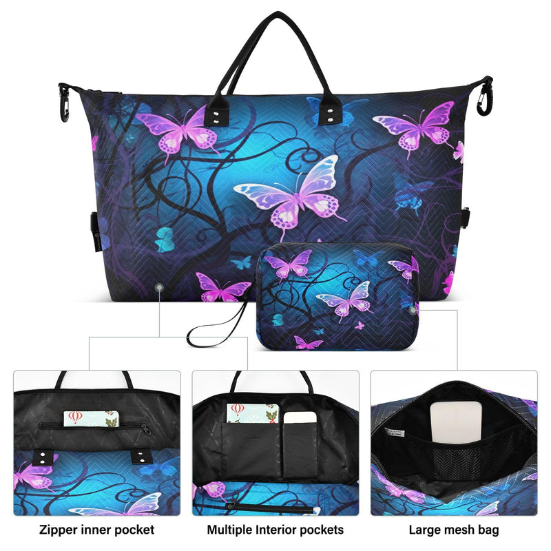 YETTASBIN Travel Duffel Bag for Women Men, Purple Blue Butterfly Large Waterproof Weekender Overnight Bag, Detachable Shoulder Strap Travel Sport Gym Bag with Toiletry Bag