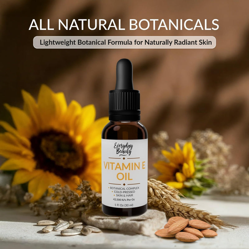 Vitamin E Oil - Botanical Complex – D-Alpha Tocopherol with Wheat Germ, Sweet Almond & Sunflower Oils for Skin & Hair – Cold Pressed Beauty Oil - 1 Fl Oz