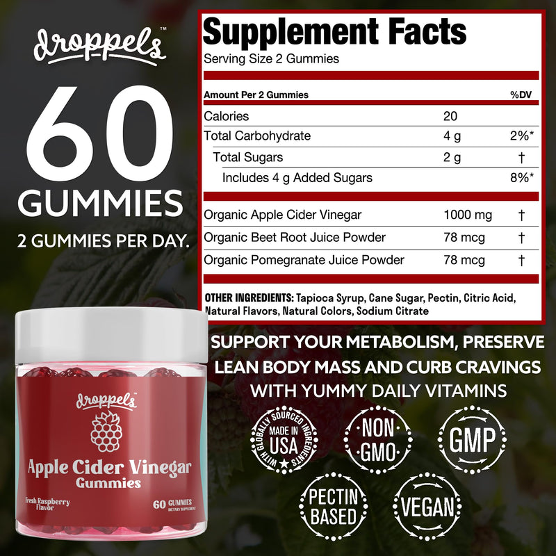 Droppels Apple Cider Vinegar Gummies 1000mg with Beet Root & Pomegranate | Non-GMO, Vegan-Friendly, Gluten Free | Supports Digestion, Metabolism, Energy & Immune Health | Raspberry Flavor 60 Count (Pack of 1)