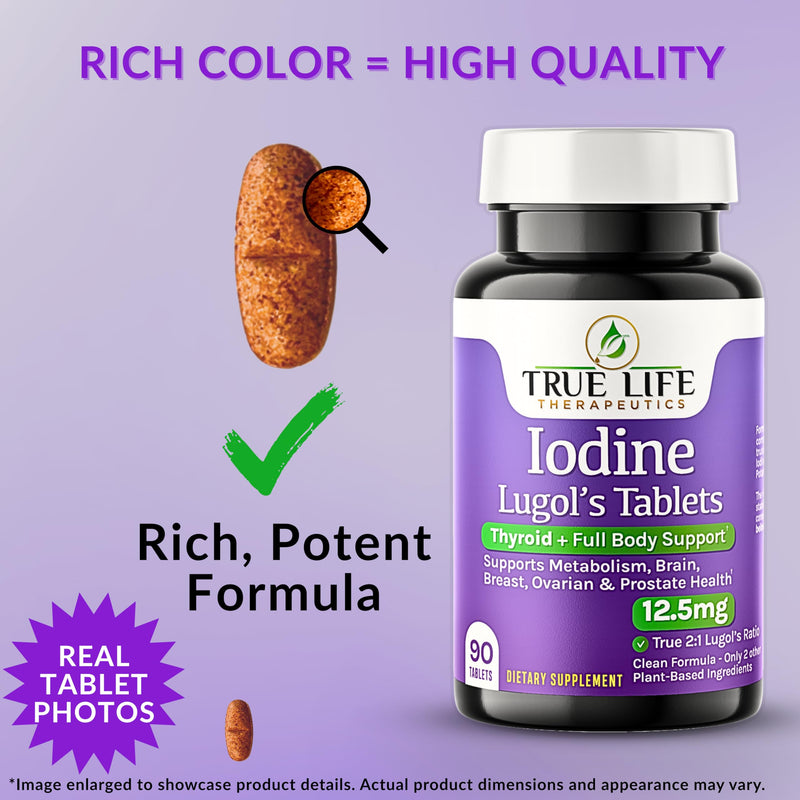 [Australia] - Lugol's Iodine Tablets 12.5mg x 90 ct - Reddish Brown Stable Iodine + Potassium Iodide Formula, Masks Bitter Liquid Taste, Thyroid Support, Detox, Breast Health - No Preservative, Non-GMO, Gluten-free 