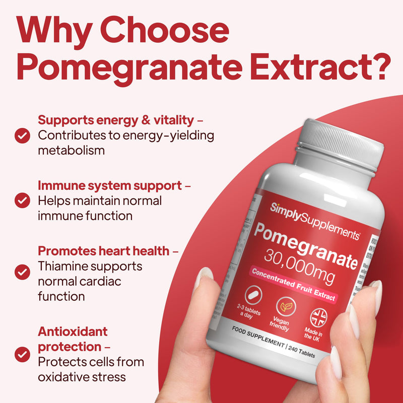 Pomegranate Extract 30,000mg | Supports Immune & Collagen Formation | Vitamin C & B1 for Antioxidant and Immune Support | Vegan & Vegetarian Friendly | 240 Tablets = 80 Days’ Supply | Made in The UK Unflavoured 1 count (Pack of 240)