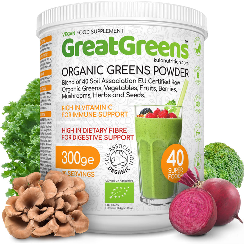 GreatGreens - Organic Greens Powder - Large 300g Blend 40 Raw Superfoods - Greens, Vegetables, Super Fruits, Berries, Sprouts and Mushrooms - High Fibre Vegan Daily Juice Smoothie Drink - 30 Servings