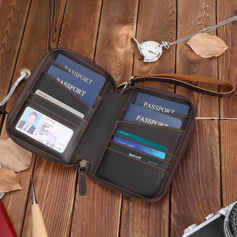 Polare Full Grain Leather Family Passport Wallet for 4 Passports, RFID Blocking Bifold Passport Cover Travel Document Organizer Holder for Women and Men Dark Brown