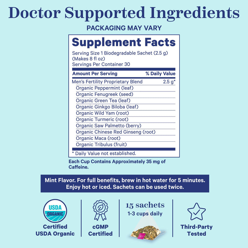 [Australia] - Blue Stork Men's Fertility Tea: Organic Fertility Supplements for Men, Green Tea, Maca Root, and Ginkgo Biloba for Male Reproductive Health, Mint, 15 Sachets 