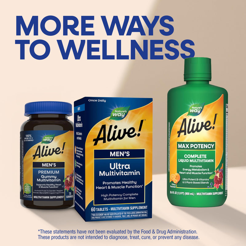 Nature's Way Alive! Men’s Daily Ultra Potency Multivitamin Tablets, 60 ct | Complete High Potency Men’s Daily Vitamin Promotes Heart & Muscle Function*, B-Vitamins, Zinc and Antioxidants 60 Count (Pack of 1)