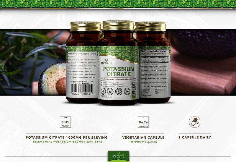 [Australia] - Ezyleaf Potassium Citrate | 180 high-dose potassium capsules - 1000mg potassium per serving | Potassium high dose | No fillers, non-GMO, gluten, dairy and allergen free 