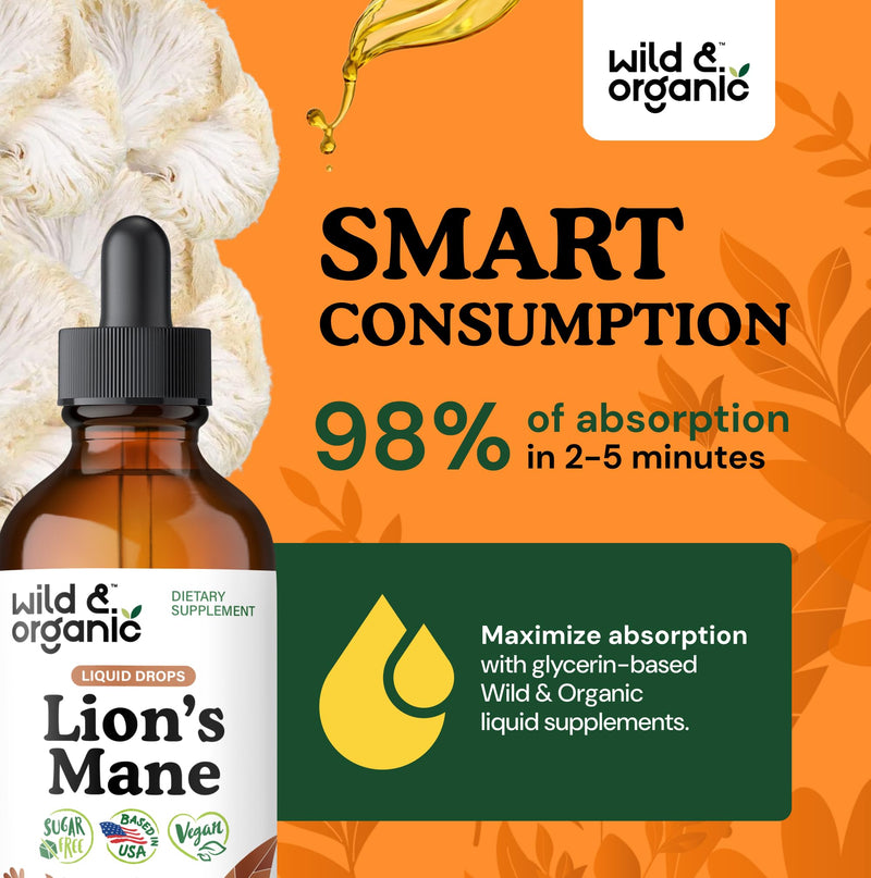 [Australia] - Wild & Organic Lions Mane Liquid Drops - Brain & Focus Support - Lion's Mane Mushroom Supplement - Hericium Erinaceus Mushroom Drops - Vegan, Sugar & Alcohol-Free Extract Tincture - 4 fl oz 4 Fl Oz (Pack of 1) 