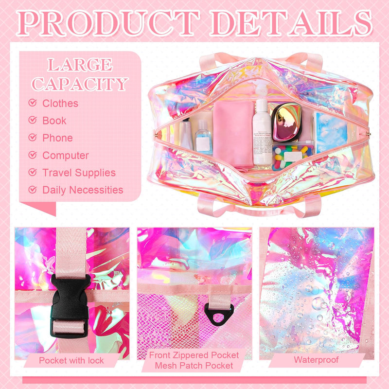 Abbylike Clear Bag Large Heavy Duty Tote for Stadium Events 20" Duffle Transparent Gym Bag for Sport Event Travel Makeup Work Iridesent Pink