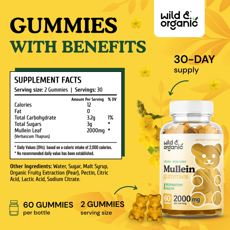 [Australia] - Mullein Gummies for Lung Cleanse and Detox 2000mg - Lung Support Supplement - Organic Mullein Leaf for Lung Health - Mullein Gummies for Lungs - 60 Mullein Leaf Gummies w/Pectin - Mullein Lung Detox 