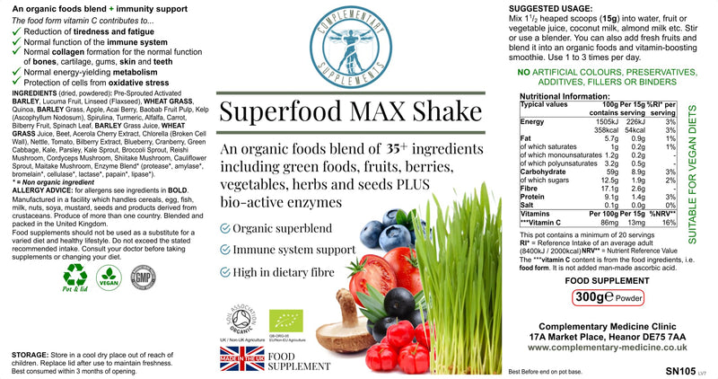 Superfood MAX Shake - 35 Superfoods - Organic Supergreens - 20 Servings - Pure & Vegan - 300g Powder
