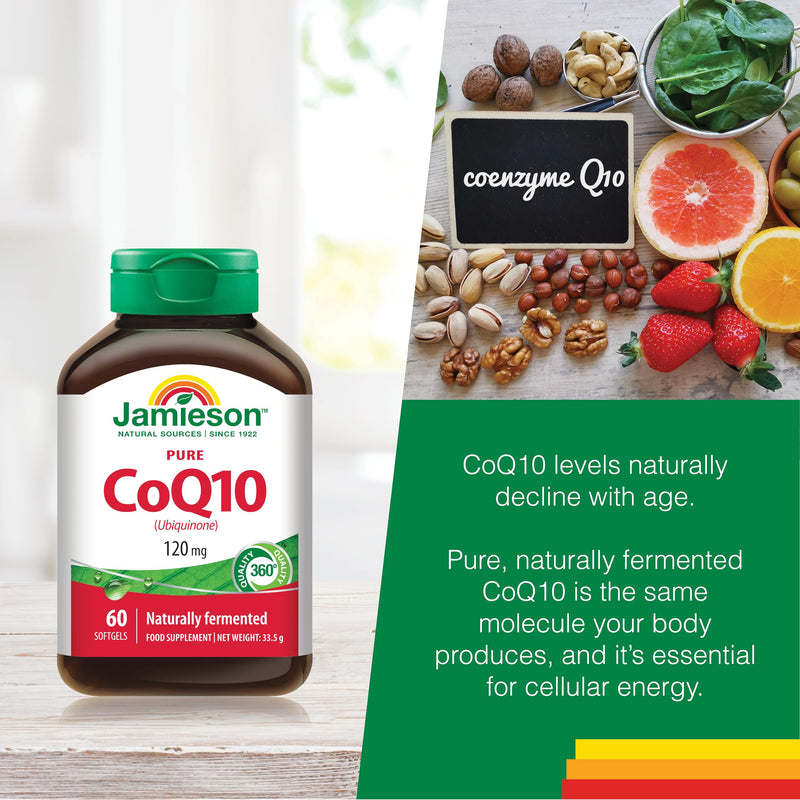 Jamieson CoQ10 120mg, Pure, Ubiquinone, Naturally Fermented, Gluten-Free, Lactose-Free, No Artificial Colours, Flavours or preservatives, 60 Softgels