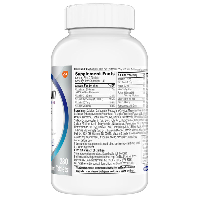 Centrum Minis Silver Men's Multivitamin for Men 50 and Over, 280 Tablets | Contains Vitamins D3, E, B6, and B12, Gluten Free, Non-GMO Ingredients, GLP-1 Support Unflavored 280 Count (Pack of 1)