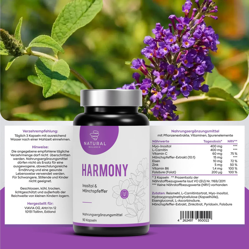 [Australia] - HARMONY - Monk's Pepper & Myo Inositol High Dose for Women Balance - 90 vegan capsules with Vitex Agnus Castus, L-Carnitine, Folic Acid & Iron for hormonal balance & well-being 