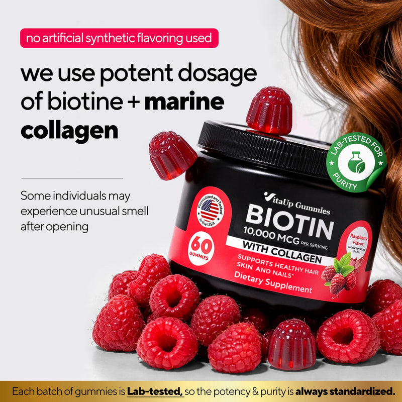 VitaUp Biotin Gummies 10000mcg for Women and Men - Extra Strength Hair, Skin and Nails Gummies with Collagen - Natural Biotin Gummy Supplement for Hair, Skin, Nails Support - 60 ct 60 Count (Pack of 1)