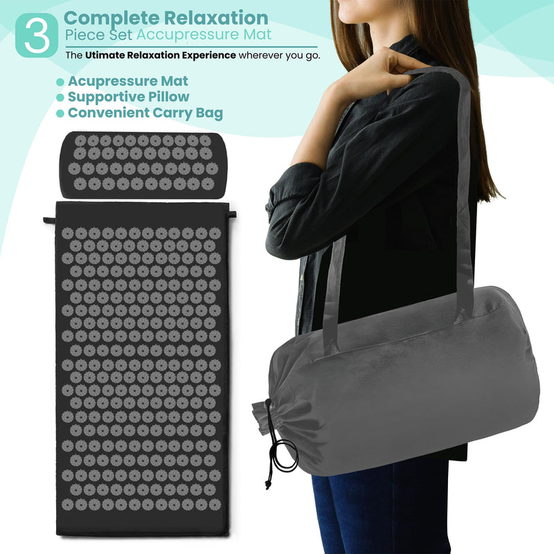 [Australia] - Sivan Health and Fitness Acupressure Mat and Pillow Set - Grounding Mat for Stress, Back & Neck Pain - Acupuncture Point Massage Mat for Muscle Relaxation, Sciatica, & Meditation - Includes Carry Bag Black/Black Large 