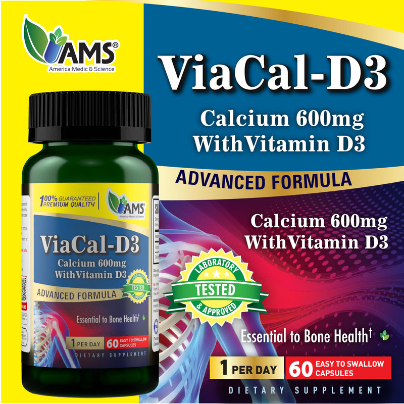 America Medic & Science ViaCal-D3 – Calcium 600mg with Vitamin D3 – Supports Bone Strength, Muscle Function & Mobility – Helps Maintain Healthy Calcium Levels for Overall Wellness – 60 Capsules