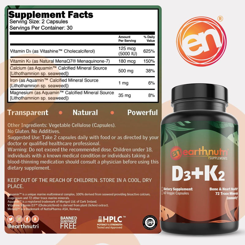 EarthNutri - Vitamin D3 Plus K2 Vitamin Supplement 5000 IU – Includes K2 from MENA Q7, D3 from Vitashine, Calcium from Aquamin & 72 Trace Minerals – for Immune, Bone & Heart Health - Non-GMO