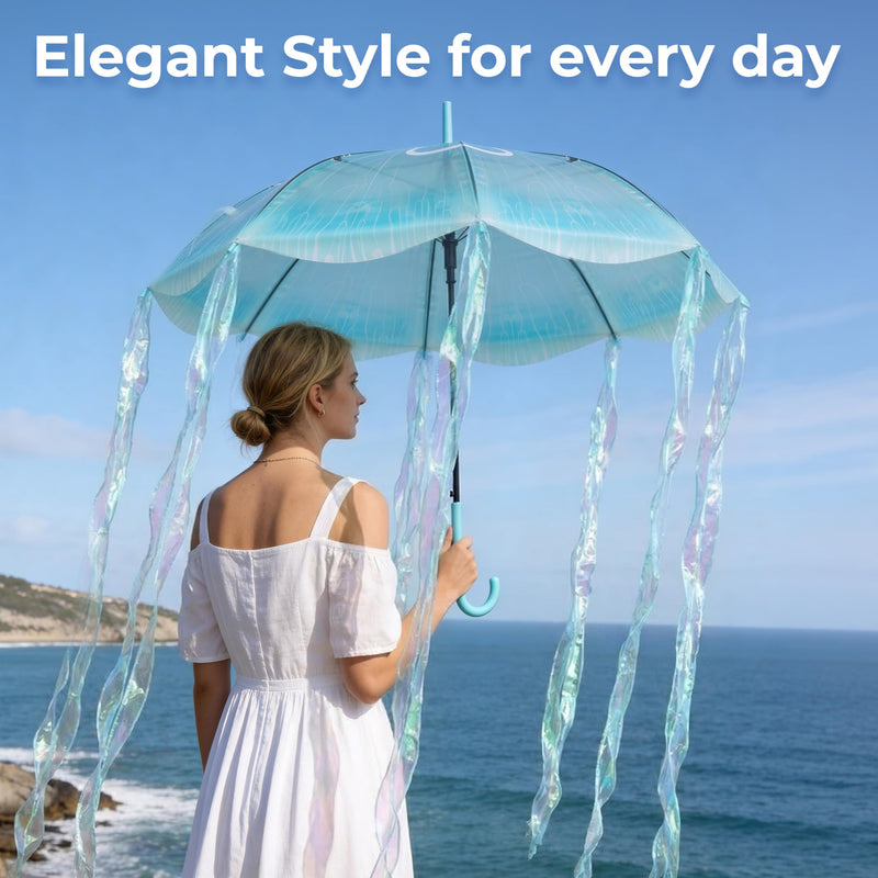MOAY Jellyfish Umbrella - Cute Clear Transparent Automatic Open Umbrella For Rain - Hanging Jellyfish Style Clear With J Hook Handle Birthday Gifts For Women & Gifts For Girls