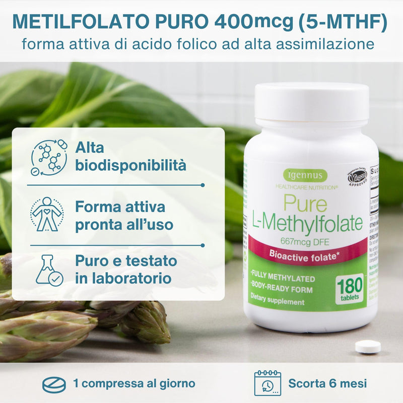 Igennus Pure Methyl Folate 400 mcg, 180 Tablets, 5-MTHF Active Folate (B9) | Clean Label, MTHFR Supplement, Lab Verified, Vegan & Suitable for Pregnancy, One-a-Day, 6 Month Supply