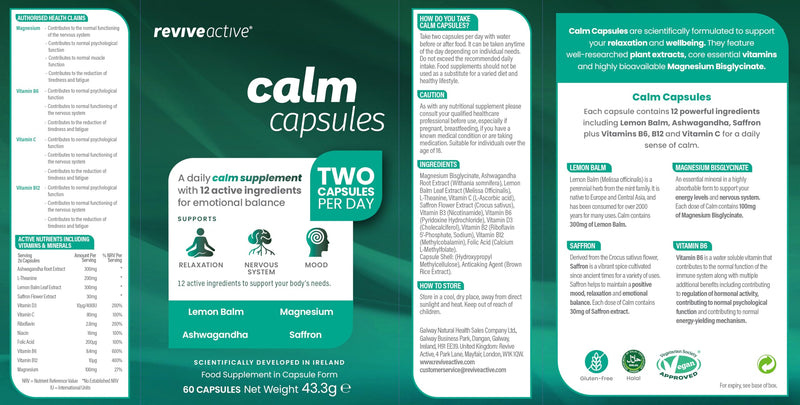 Revive Active Calm Capsules - 12 Active Ingredients - Ashwagandha with Essential Vitamins and Magnesium - Supports Energy Levels, Nervous System, Relaxation & Mood - 60 Capsules