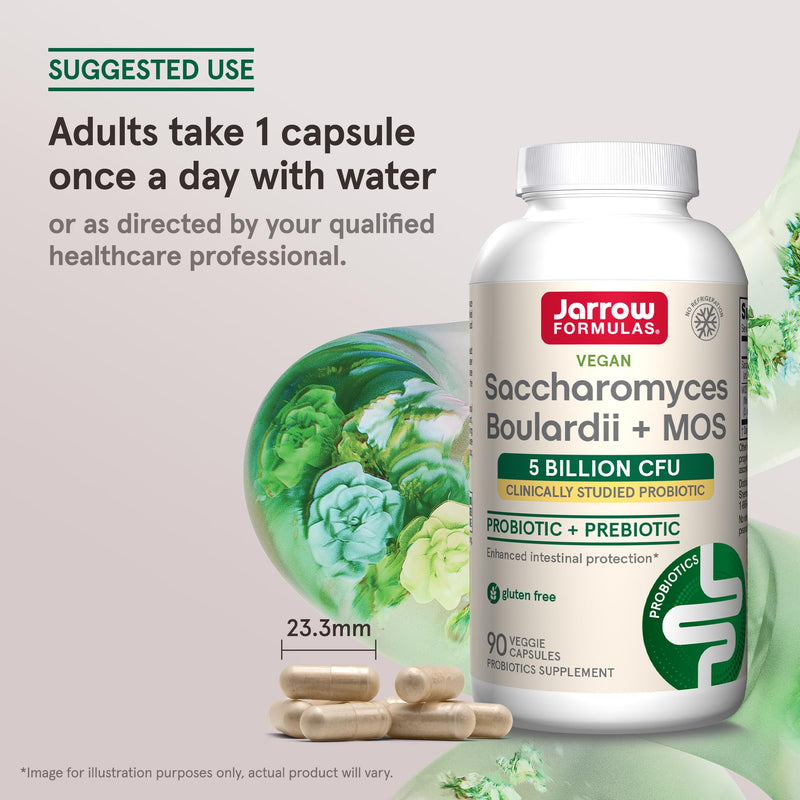 [Australia] - Jarrow Formulas Saccharomyces Boulardii Probiotics + MOS 5 Billion CFU Probiotic Yeast for Intestinal Health Support, Gut Health Supplements for Women and Men, 90 Veggie Capsules, 90 Day Supply Unflavored 90 Count (Pack of 1) 