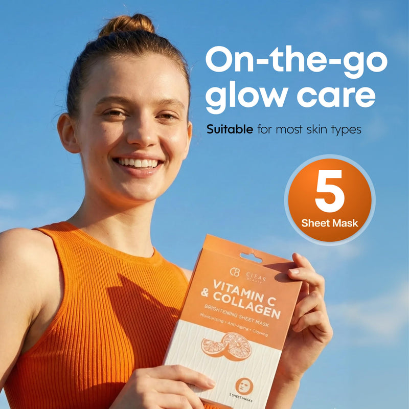 Clear Beauty Vitamin C & Collagen Face Mask – Hydrating & Firming Sheet Masks For Dry, Dull, Aging Skin – Dermatologist Tested, Anti-Aging, Korean Skin Care – Cruelty-Free Clean Beauty – 5 Count Vitamin C & Collagen (V2)