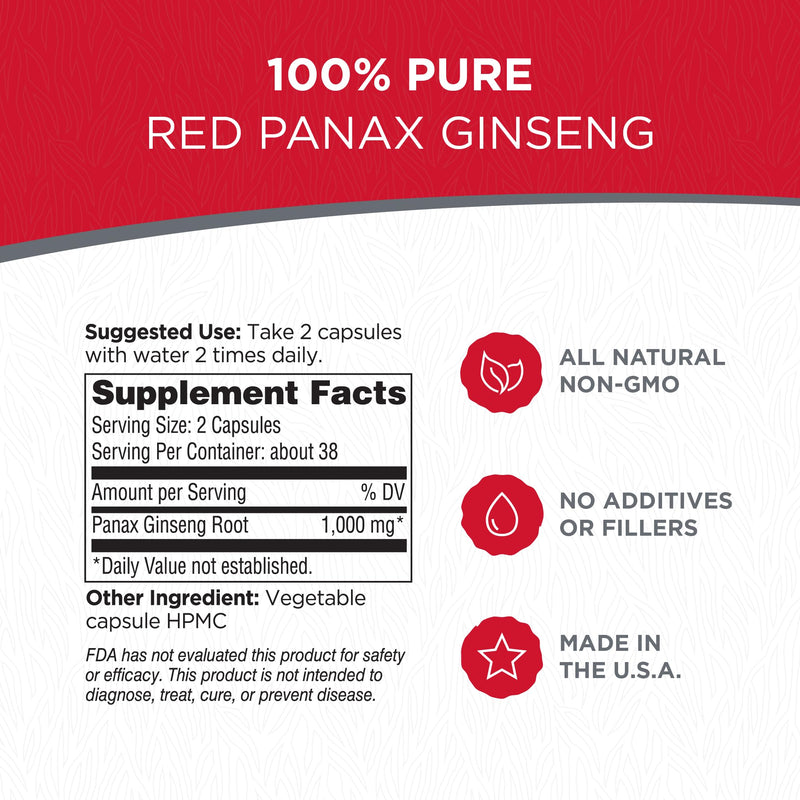 100% Authentic Korean Red Panax Ginseng Capsules -500 mg. Potent Ground Ginseng Root Extract Powder - No Fillers, Binders or Other Additives. (75 ct) 75 count (Pack of 1)