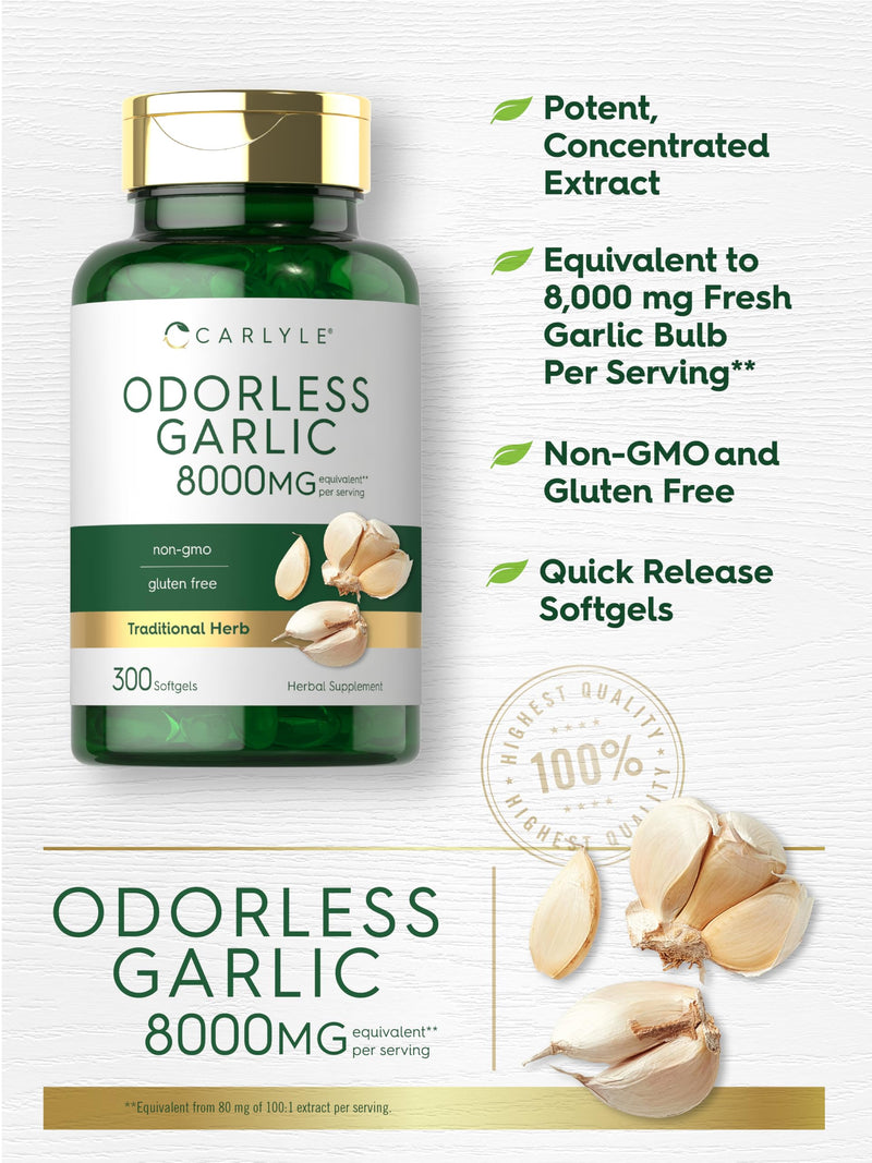 [Australia] - Carlyle Odorless Garlic Softgels 8000 mg | 300 Count | High Potency Formula | Non-GMO and Soy Free 