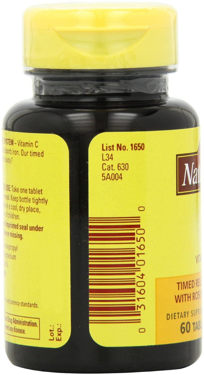 Nature Made Vitamin C 1000 mg Time Release Tablets with Rose Hips, 60 Count to Help Support the Immune System (Pack of 2)