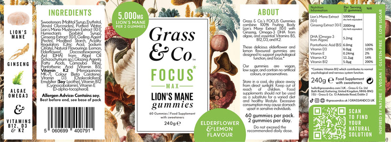 Grass & Co. Focus Max Mushroom Gummies, Vegan Lions Mane Gummies 5000mg with Vegan Algae Omega 3, Korean Ginseng, Vitamin B & Vitamin D, Elderflower & Lemon Flavour, 60 Count, High Strength
